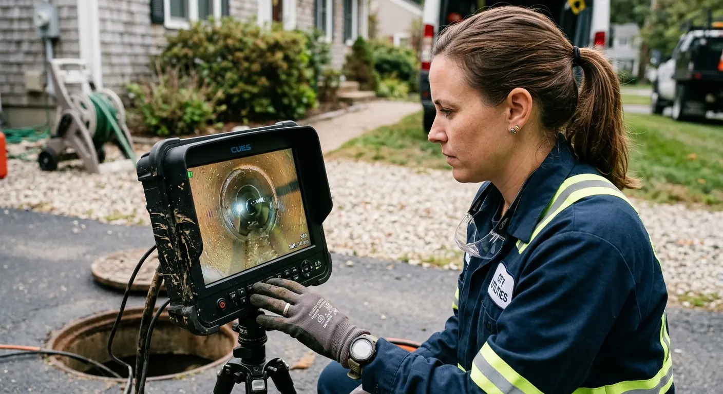 Technician reviewing sewer camera inspection footage in Wausau