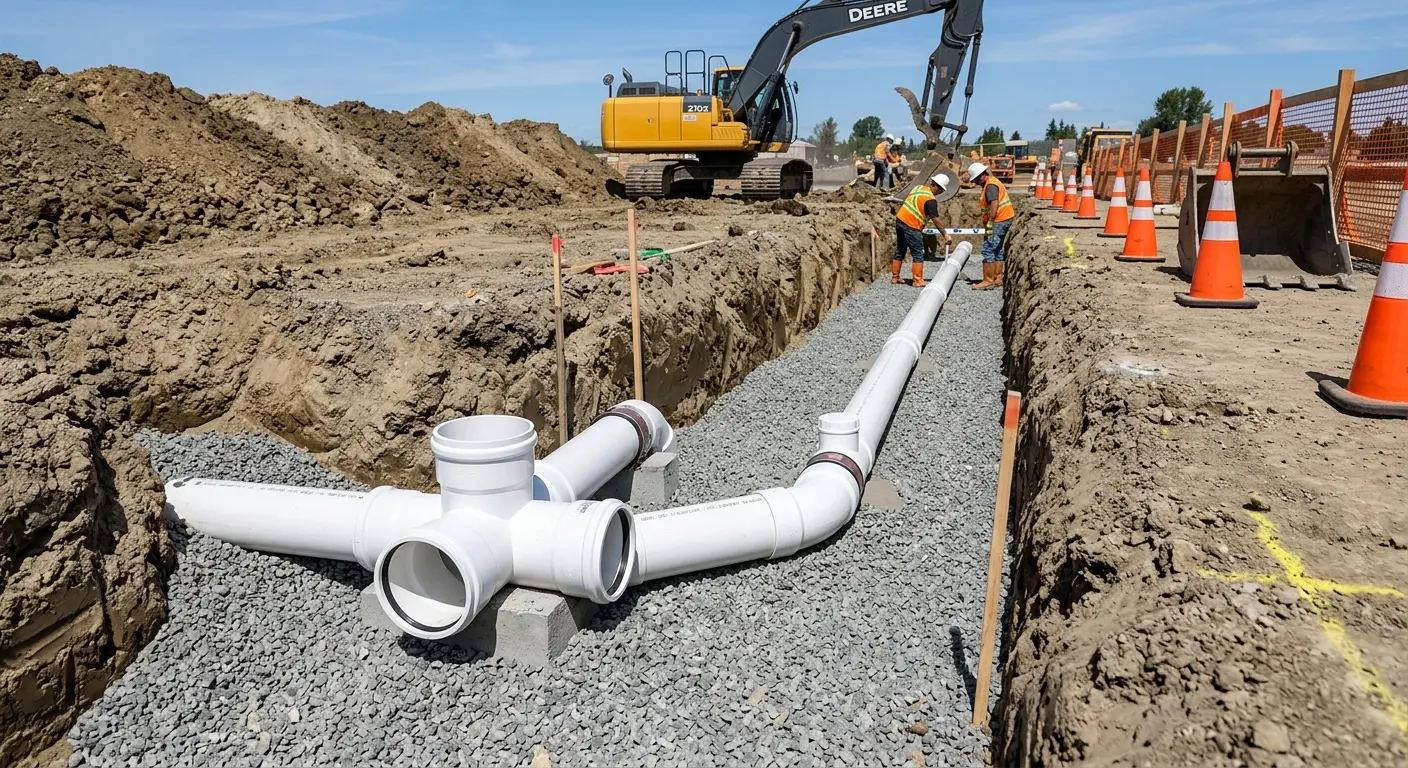 New PVC sewer pipe installation in open trench for Commercial Drain Cleaning in Wausau